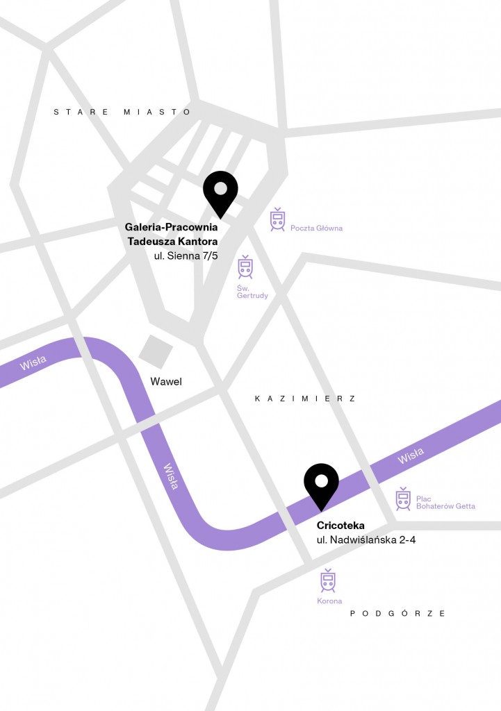 Grafika komputerowa: na schematycznej mapie Krakowa zaznaczone są dwie siedziby Cricoteki: główna przy ul. Nadwiślańskiej 2-4 oraz Galeria-Pracownia przy ul. Siennej 7/5.
