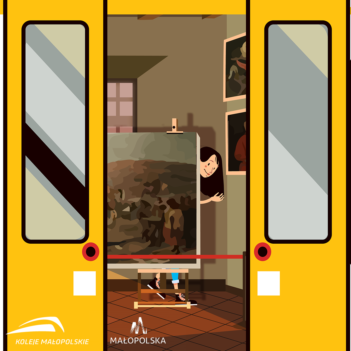 Widać otwarte żółte drzwi pociągu, a za nimi obraz na sztalugach i machająca ręką dziewczyna.
