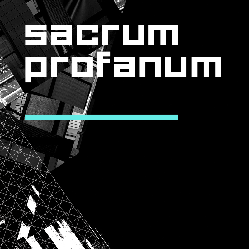 Biały napis Scarum Profanum. W tle czarno-biała, abstrakcyjna, geometryczna forma