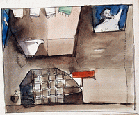 "Mayor's cell and bathroom," scenery design for the staging of "Winkelried Festival", 1950, the Jagiellonian Library in Cracow