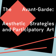 Czarny baner z czerwonym kwadratem i napisem The Avant-Garde: Aesthetic Strategies and Participatory Art