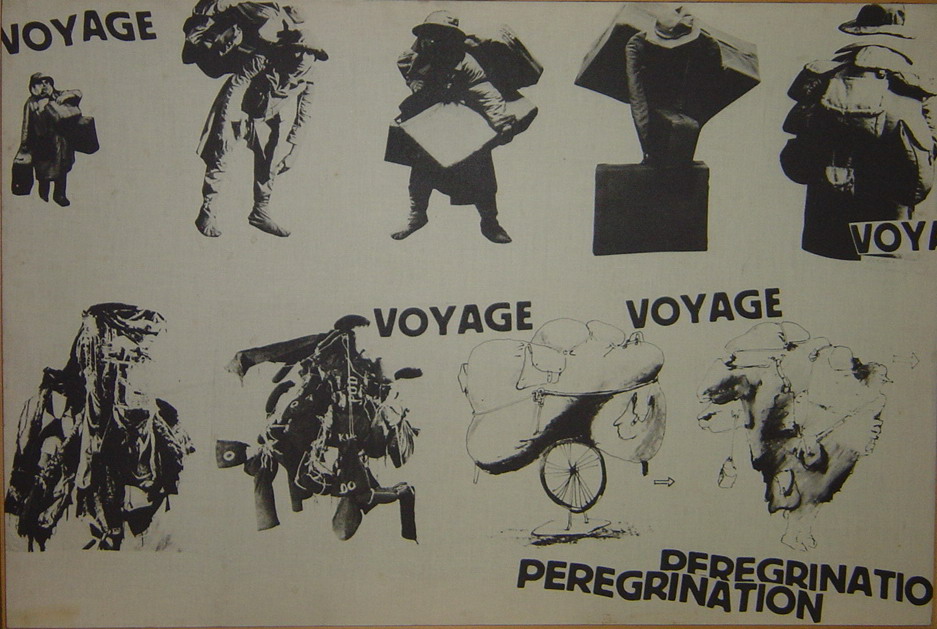Grafika: kolaż rysunków i zdjęć postaci podróżników ze spektakli Kantora z napisami "Voyage" i "Peregrination"