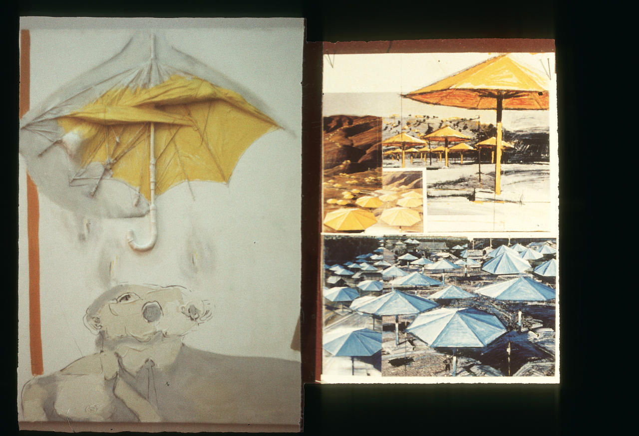 Na fotografii, która pierwotnie pełniła rolę slajdu zobaczyć można asamblaż Tadeusza Kantora z parasolem i postacią oraz fotografie przedstawiające prace Christo i Jean Claude z pogranicza land artu, z Japonii i Kalifornii.