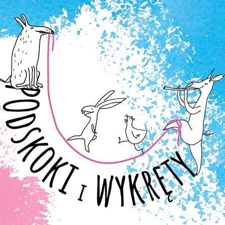 Grafika promująca festiwal podskoki i wykręty: napis, po literkach chodzą zwierzątka