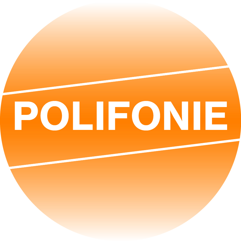 Okrągła grafika pomarańczowa z białym napisem Polifonie