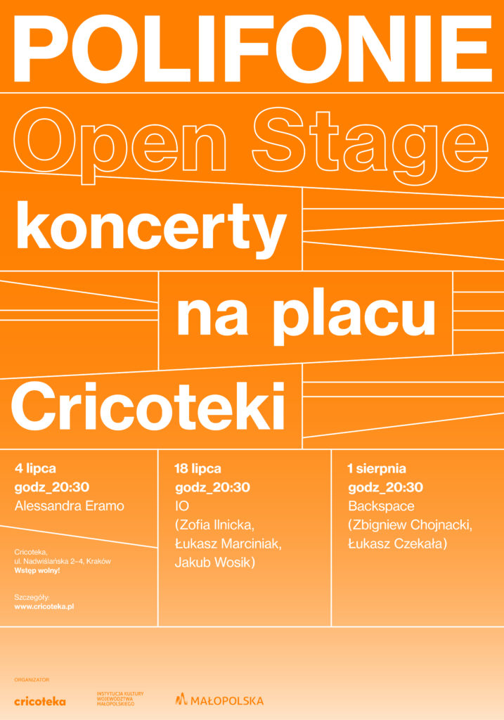Pomarańczowa grafika z napisem: Poligonie Open Stage. koncerty na placu Cricoteki