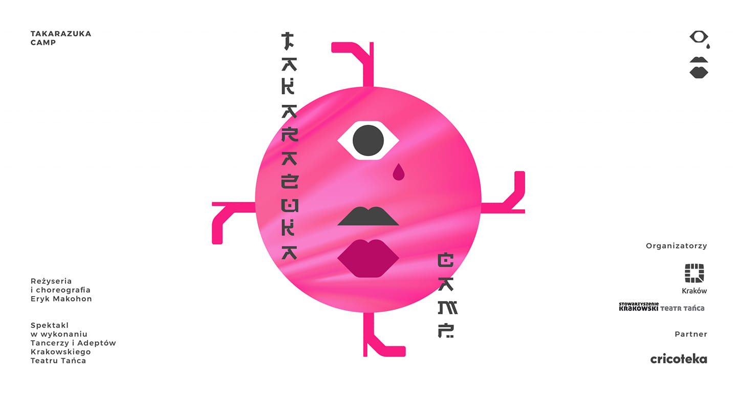 Grafika: białe tło, różowa kropka z okiem i ustami oraz napis Takarazuka camp