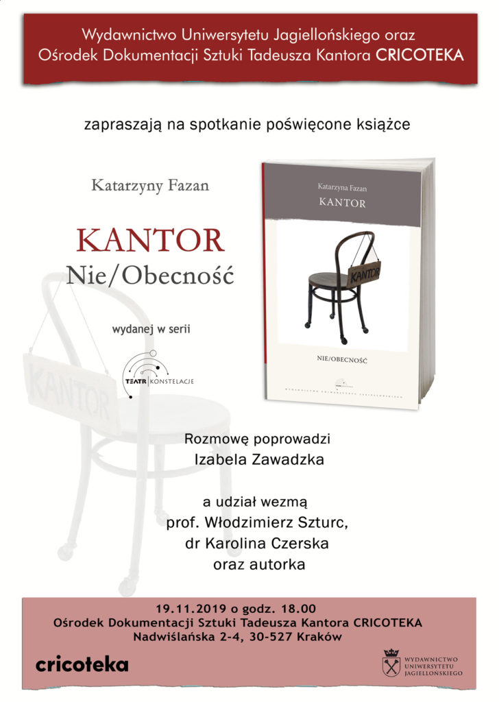 [Grafika do do spotkania autorskiego z Katarzyną Fazan na temat jej książki "Kantor.Nie/Obecność". Na plakacie widać okładkę książki autorki. Głównym jej motywem jest krzesło z tabliczką "Kantor".]