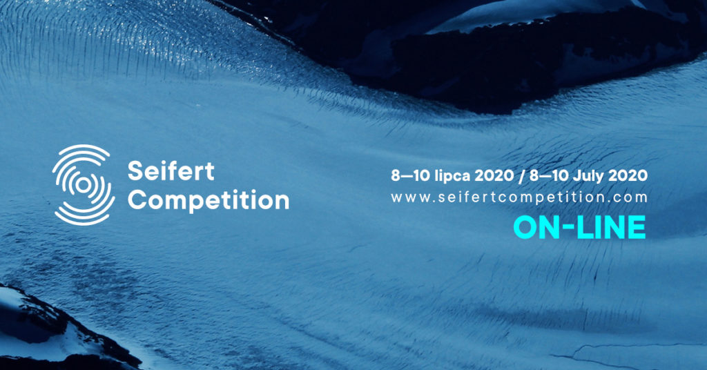 Grafika promująca konkurs im. Seiferta: na niebieskim tle białe napisy: 8-10 lipca 2020, www.seifertcompetition.com ON-LINE