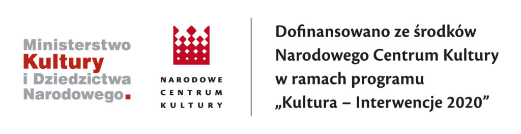 Logotyp Ministerstwa Kultury i Dziedzictwa Narodowego z informacją, że projekt dofinansowani ze środków Narodowego Centrum Kultury w ramach programu "Kultura-Interwencje 2020".
