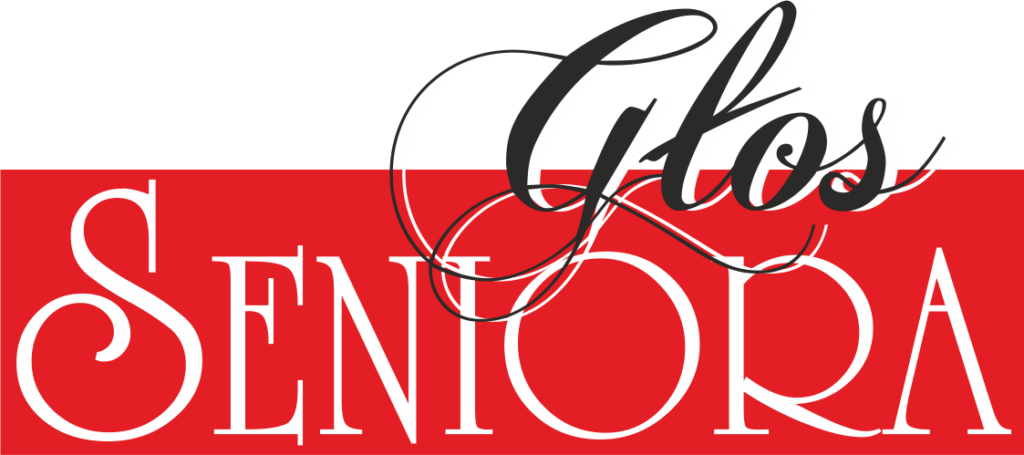 Logotyp Głosu Seniora. Na czerwony tle napis: Głos seniora.