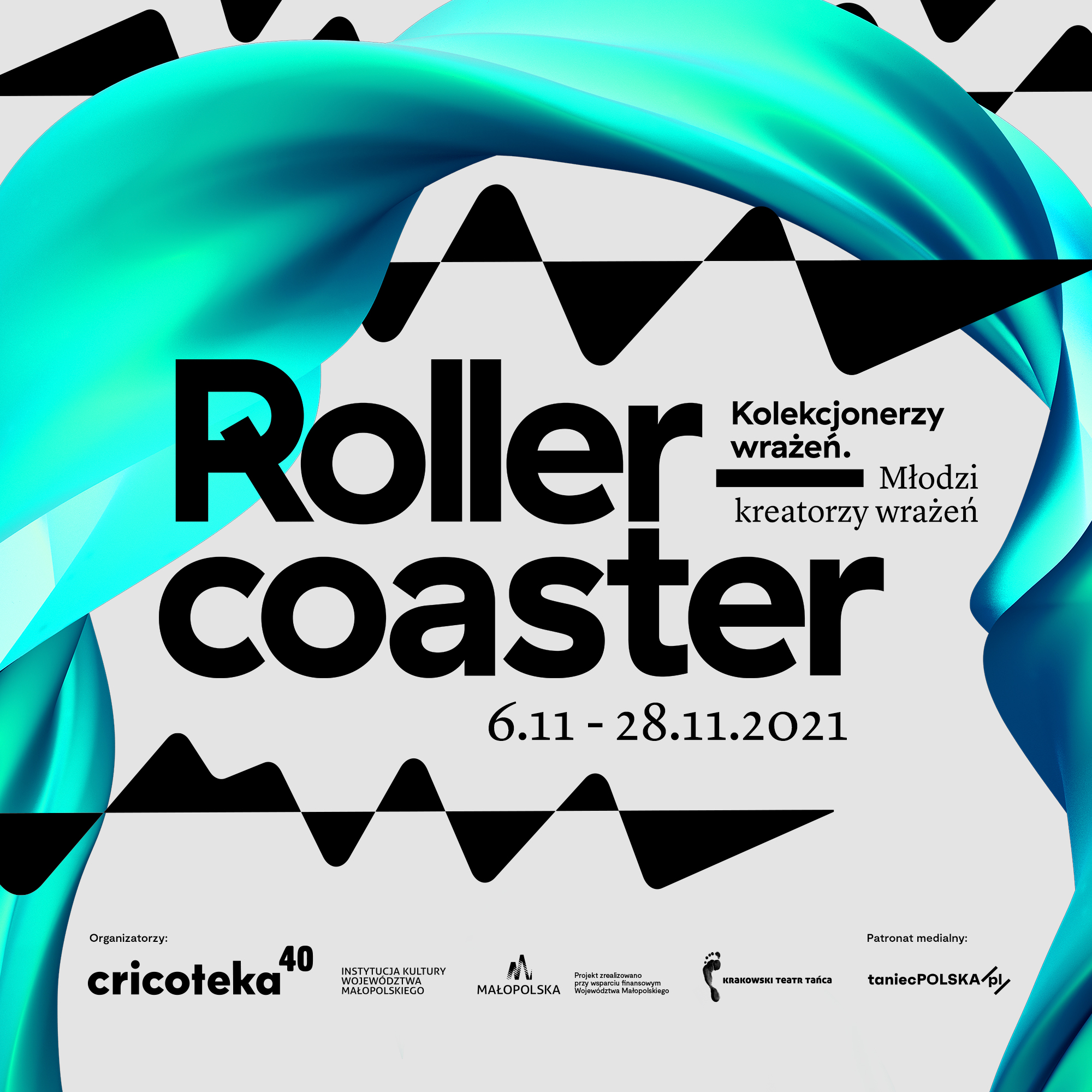 Grafika z napisem: Rollercoaster Kolekcjonerzy wrażeń. Młodzi kreatorzy wrażeń. 6.11-28.11.2021