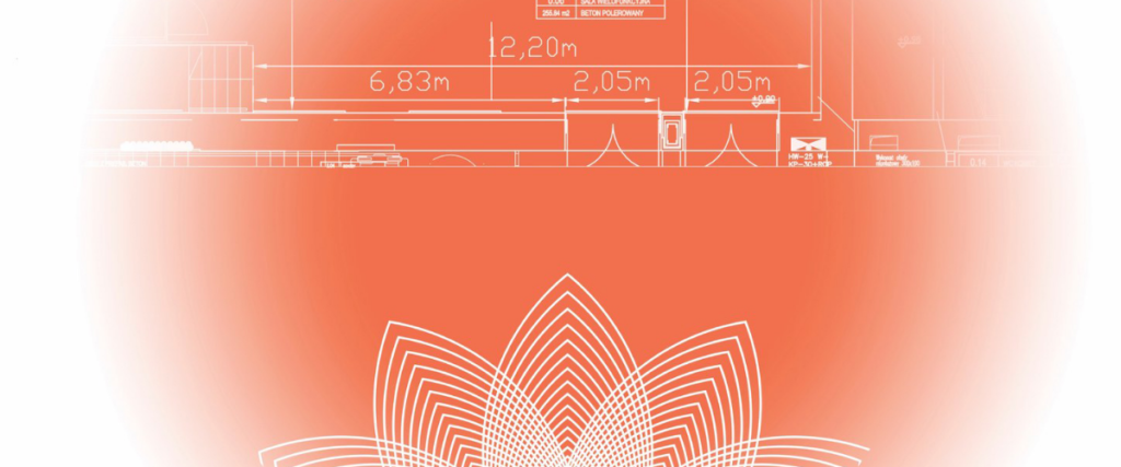 Pomarańczowa grafika z kwiatem lotosu i rysunkiem technicznym