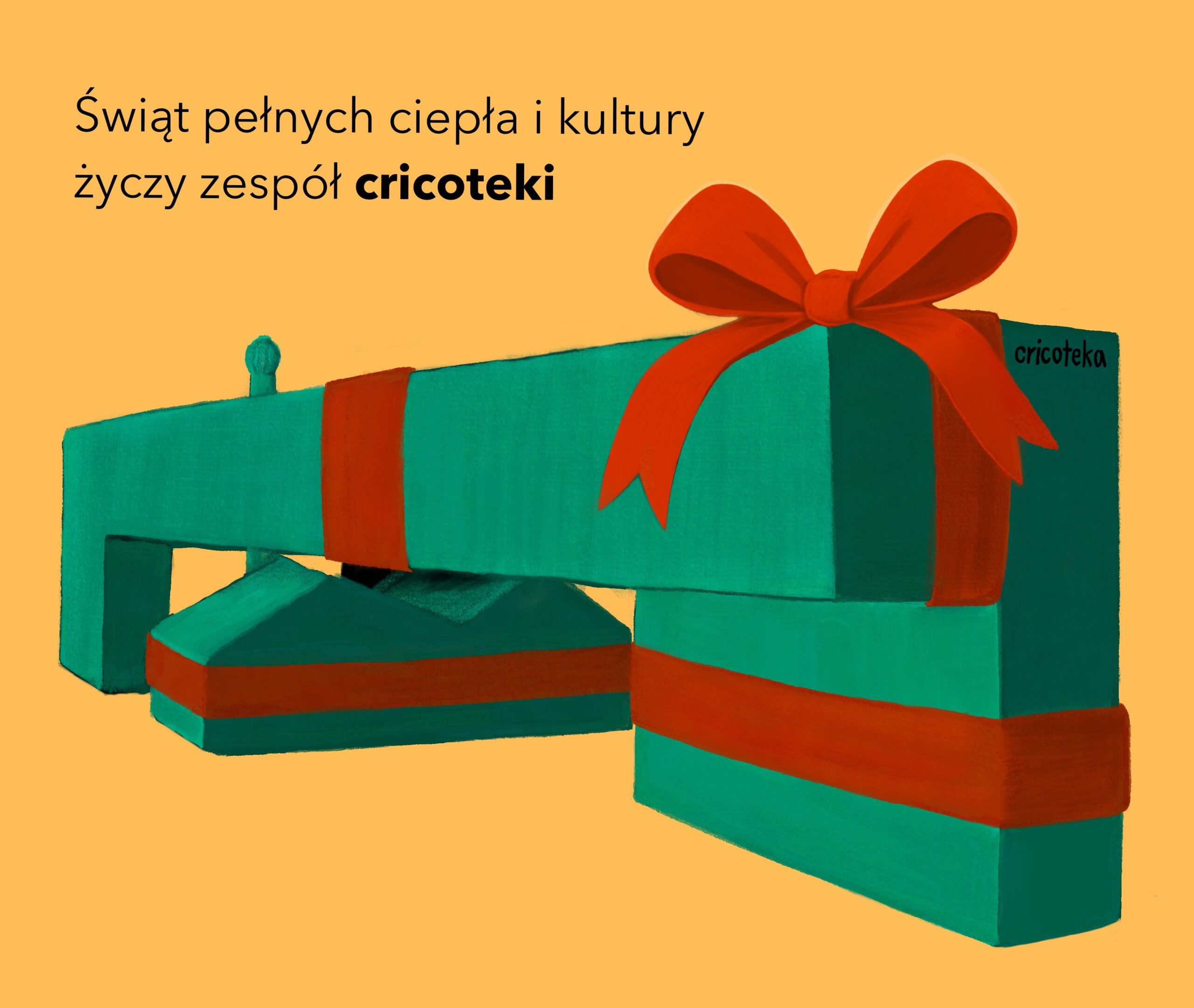 Grafika - budynek Cricoteki opakowany jak prezent - w zielony papier z czerwoną kokardą