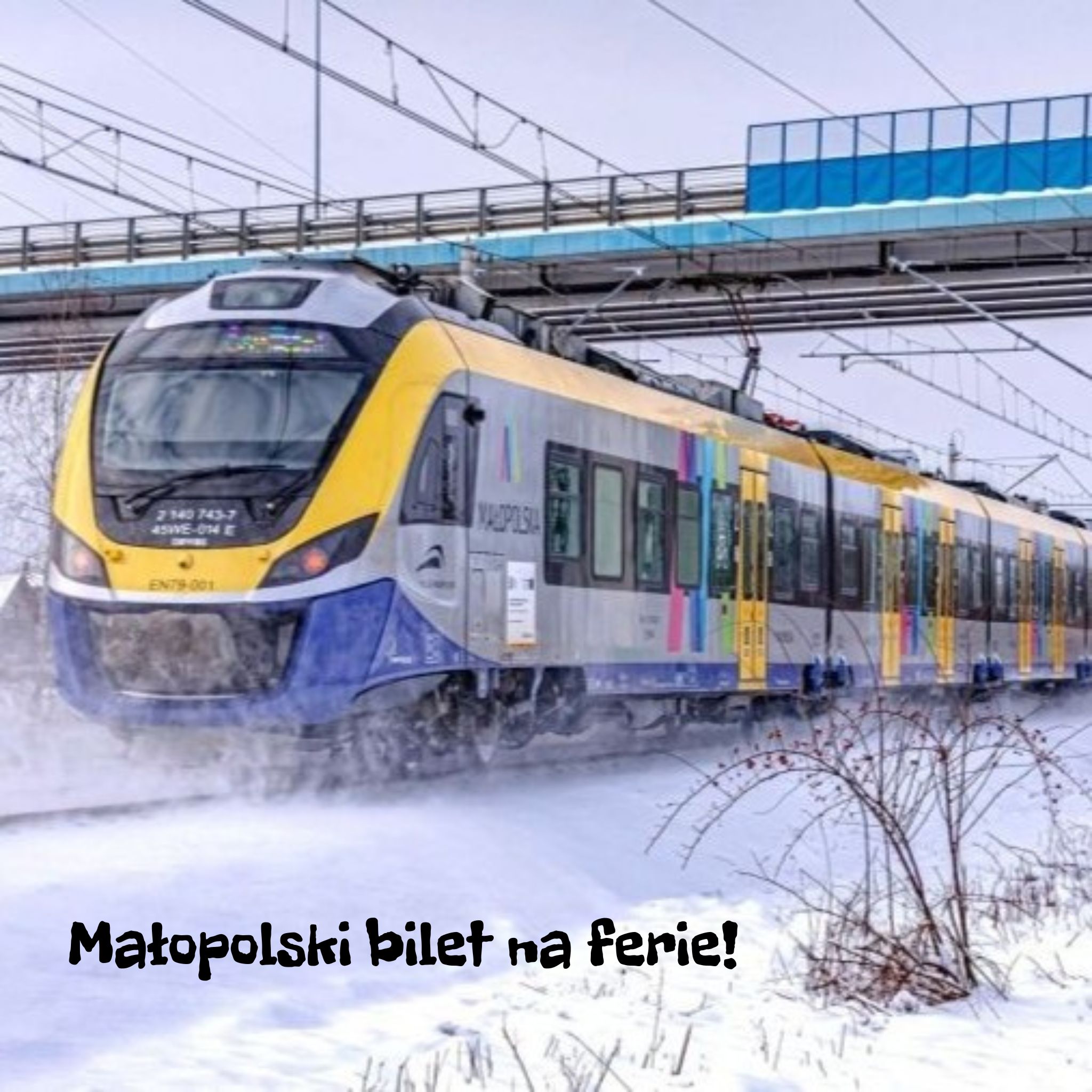 Grafika przedstawia pociąg w barwach Małopolski (żółty, niebieski i czerwony) z logotypem województwa sunący przez zimowy krajobraz. W dole widnieje napis: Małopolski bilet na ferie!