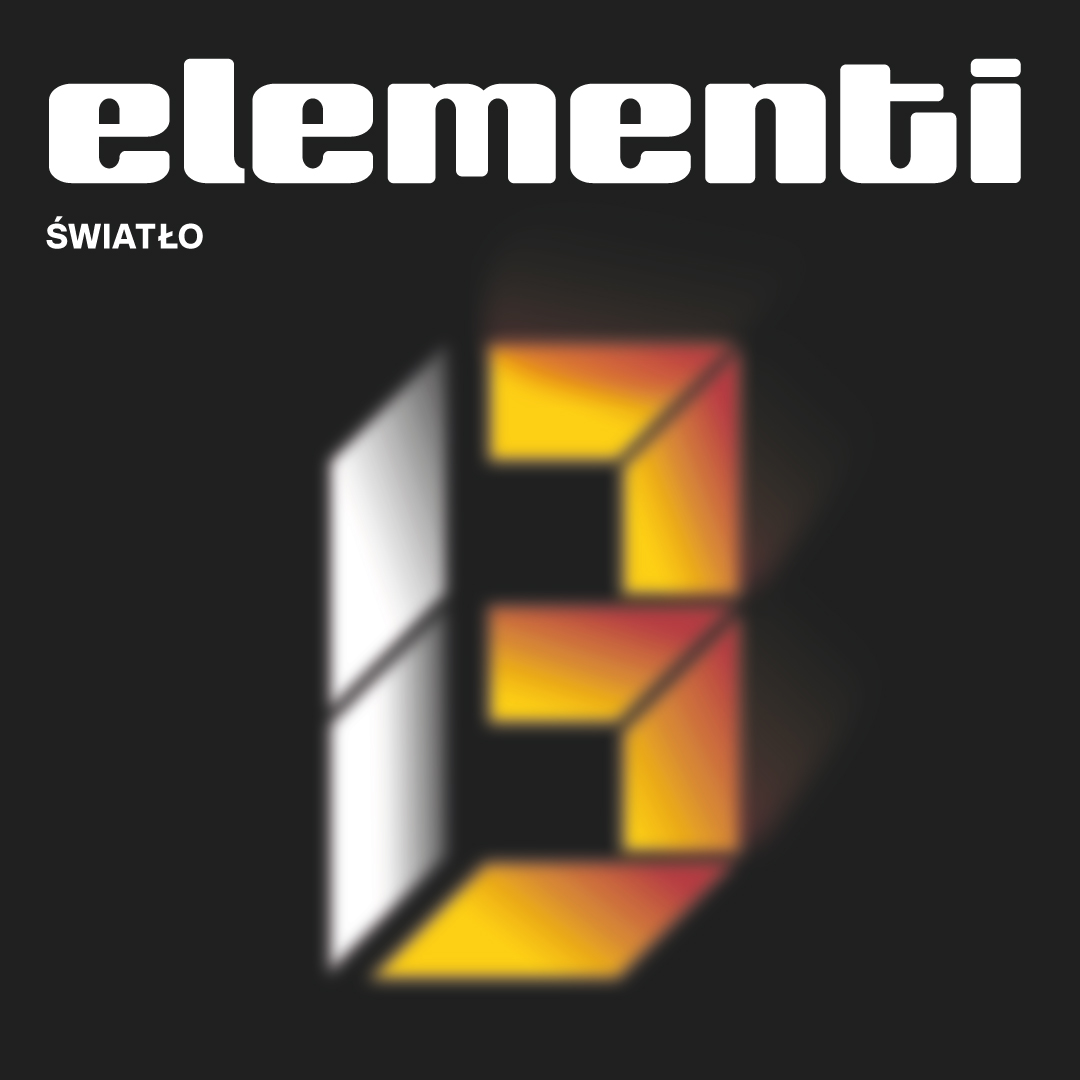 Na ciemnym tle widnieje napis „elementi”, a pod nim mniejszy napis „ŚWIATŁO”. Pośrodku znajduje się duża, stylizowana litera „E” złożona z geometrycznych paneli przypominających elementy lampy lub świecące moduły. Prawa część litery świeci ciepłym światłem w kolorach żółtym i pomarańczowym, a lewa jest jasnoszara, co tworzy efekt podświetlenia i głębi.